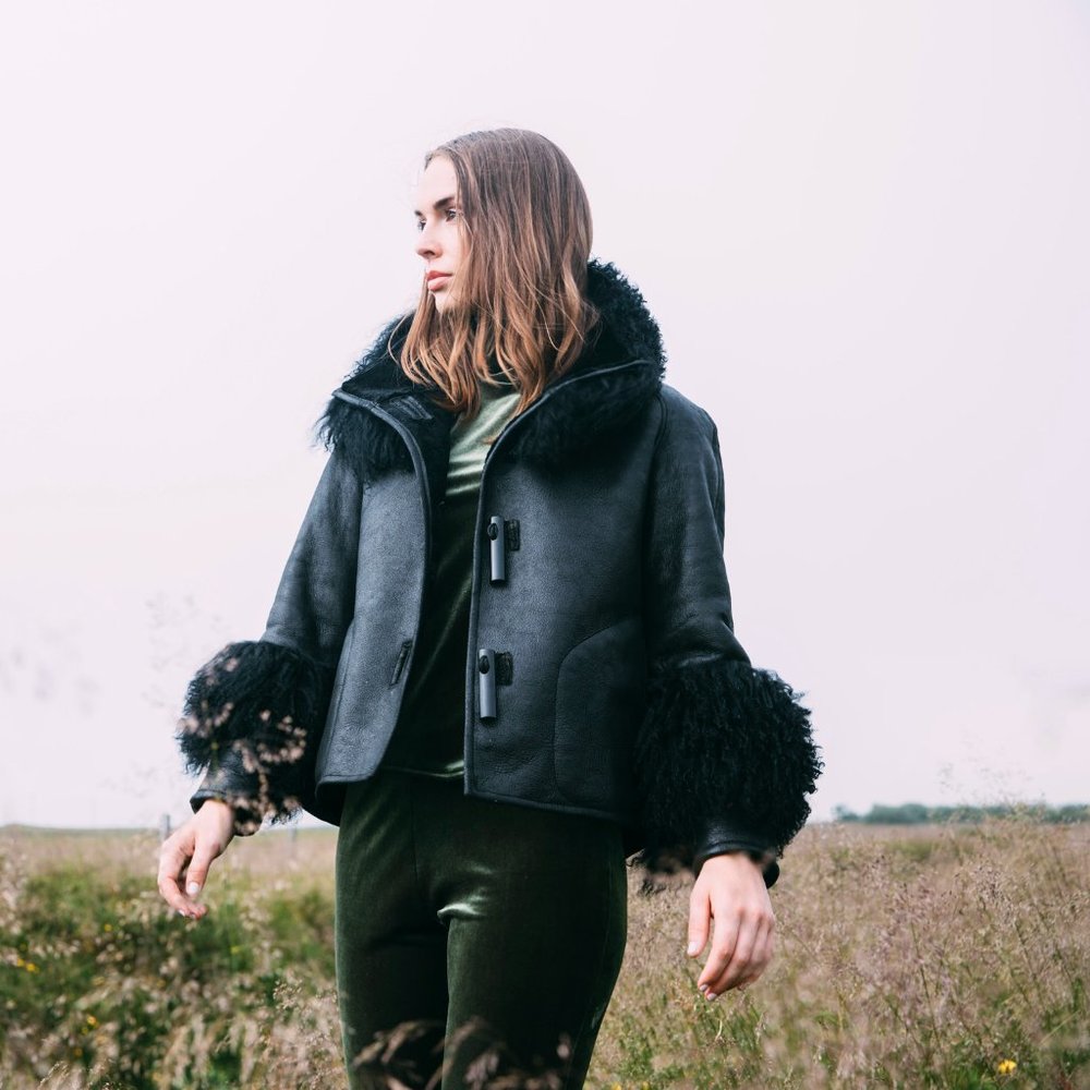 OLAVIA CROP SHEARLING JACKET WITH MONGOLIAN LAMB - LAVA